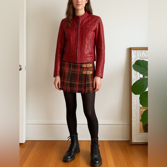 Vintage Tommy Hilfiger Plaid Mini Skirt Red Brown Tan Size 6 90s Preppy Academia - Picture 1 of 8